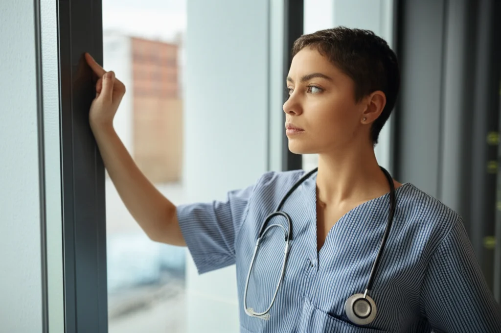 Un'infermiera con un'espressione pensierosa ma resiliente guarda fuori da una finestra d'ospedale, simboleggiando il capitale psicologico e la speranza. Fotografia di ritratto, obiettivo da 35mm, luce naturale soffusa che illumina il viso, profondità di campo per sfocare leggermente lo sfondo esterno.