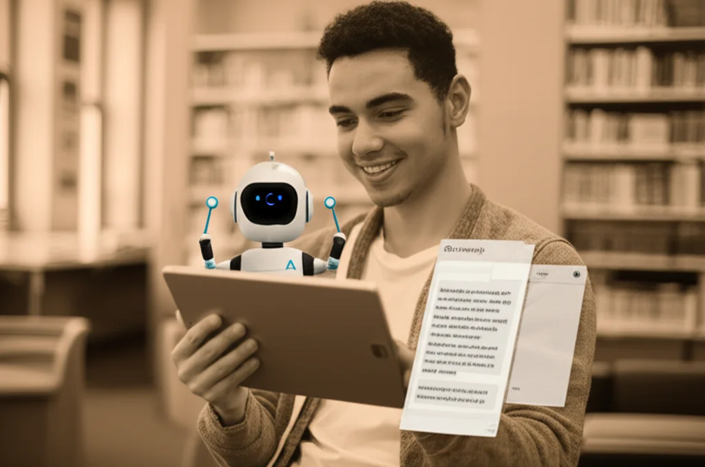 Uno studente universitario sorridente interagisce con un tablet che mostra un testo complesso affiancato da un chatbot AI che offre suggerimenti personalizzati. L'ambiente è una biblioteca moderna e luminosa. Portrait photography, prime lens 35mm, depth of field, colori caldi e accoglienti, duotone seppia e crema.