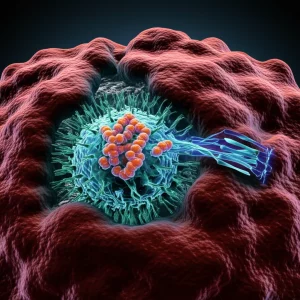 Visualizzazione artistica 3D fotorealistica del segnale immunitario VISA/MAVS su un mitocondrio interrotto dalla proteina PWWP3A, illuminazione drammatica, stile cinematografico, dettagli molecolari.