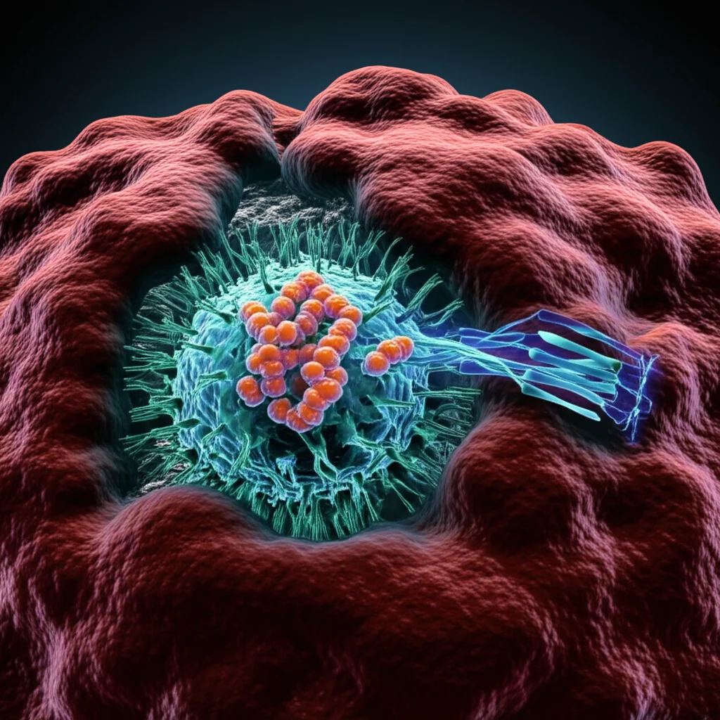 Visualizzazione artistica 3D fotorealistica del segnale immunitario VISA/MAVS su un mitocondrio interrotto dalla proteina PWWP3A, illuminazione drammatica, stile cinematografico, dettagli molecolari.