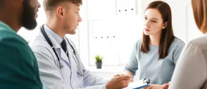 Fotografia di ritratto scattata con obiettivo 35mm, che mostra due persone, un potenziale donatore di rene e un ricevente, in conversazione empatica con un medico in un ambiente clinico moderno, luminoso e rassicurante. La profondità di campo è ridotta per mettere a fuoco l'interazione umana e la comunicazione. I toni sono caldi e accoglienti per trasmettere fiducia e supporto.