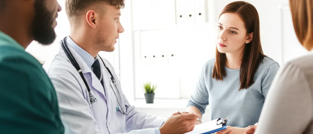 Fotografia di ritratto scattata con obiettivo 35mm, che mostra due persone, un potenziale donatore di rene e un ricevente, in conversazione empatica con un medico in un ambiente clinico moderno, luminoso e rassicurante. La profondità di campo è ridotta per mettere a fuoco l'interazione umana e la comunicazione. I toni sono caldi e accoglienti per trasmettere fiducia e supporto.