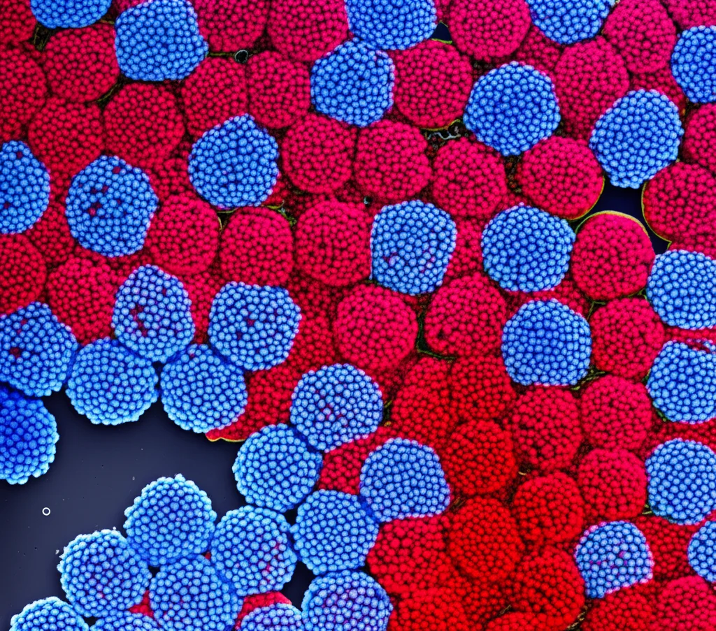 Fotografia macro, 100mm, alta definizione, illuminazione controllata, di particelle colloidali sferiche con chiazze di carica colorate (rosse e blu) che interagiscono in una soluzione elettrolitica, evidenziando attrazioni e repulsioni anisotrope.