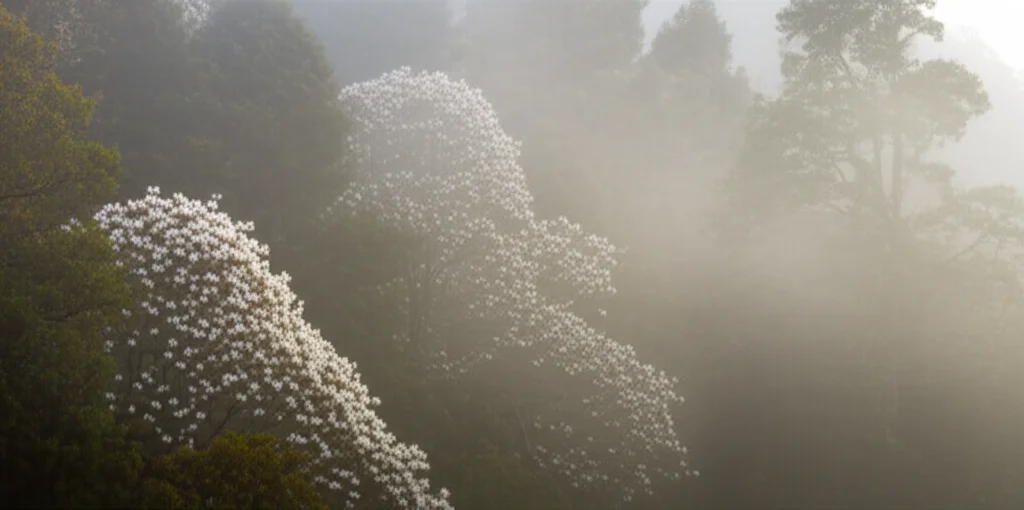 Fotografia paesaggistica di una foresta nebulosa montana neotropicale con alberi di Magnolia in fiore visibili tra la nebbia. Obiettivo grandangolare 24mm, messa a fuoco nitida, atmosfera eterea, luce soffusa del mattino.