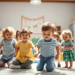 Gruppo di bambini in età prescolare che interagiscono vivacemente sotto una luce bianca brillante in una stanza giochi dell'asilo, obiettivo prime 24mm, profondità di campo che sfoca leggermente lo sfondo, colori naturali e luminosi.