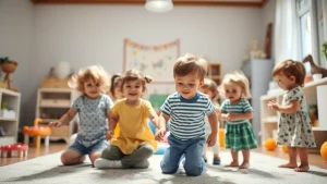 Gruppo di bambini in età prescolare che interagiscono vivacemente sotto una luce bianca brillante in una stanza giochi dell'asilo, obiettivo prime 24mm, profondità di campo che sfoca leggermente lo sfondo, colori naturali e luminosi.