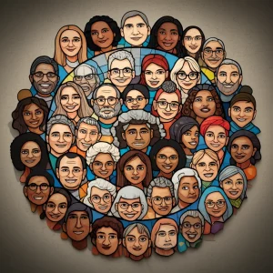 Immagine concettuale che rappresenta la diversità e l'inclusione: un mosaico colorato composto da volti stilizzati di persone di diverse etnie ed età, che formano insieme un cerchio armonioso. Illuminazione diffusa, obiettivo da 50mm per una prospettiva naturale, alta definizione dei dettagli del mosaico.