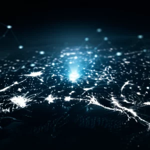 Immagine concettuale di una rete di sensori wireless (WSN) avanzata che utilizza l'intelligenza artificiale per il rilevamento delle intrusioni in un'area di confine. Nodi sensore stilizzati e interconnessi su una mappa topografica digitale, con un'aura luminosa che indica un evento di intrusione rilevato. Prime lens, 35mm, depth of field, duotone blu scuro e ciano per un'atmosfera tecnologica e di sorveglianza.
