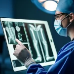 Immagine concettuale di un'interfaccia futuristica di intelligenza artificiale che analizza dati ortopedici, come radiografie e modelli 3D di ossa, con un chirurgo che interagisce con lo schermo. Illuminazione da studio, obiettivo macro da 90mm per dettagli precisi sull'interfaccia, sfondo leggermente sfocato per enfatizzare la tecnologia.