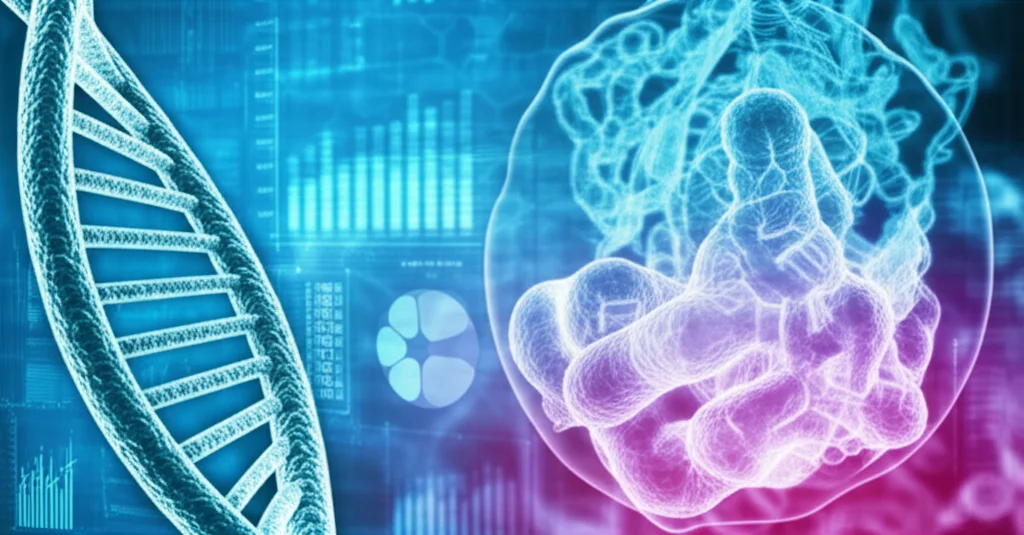 Immagine concettuale fotorealistica che illustra l'intersezione tra genetica, struttura proteica e analisi di dati di popolazione. In primo piano, una doppia elica di DNA stilizzata ma dettagliata, con un obiettivo macro da 90mm che ne cattura la complessità. Sullo sfondo, sfocata con un effetto 'depth of field', una rappresentazione astratta di una proteina e grafici di dati luminosi, il tutto in una palette duotone ciano e magenta, con illuminazione drammatica che suggerisce innovazione scientifica.