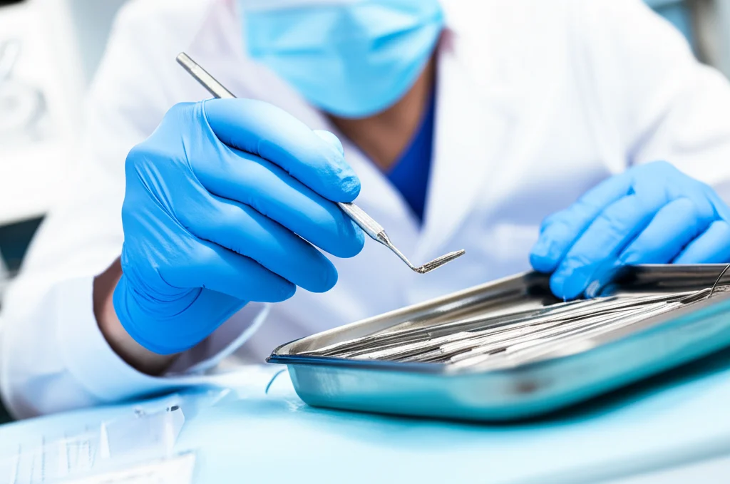 Primo piano di un dentista che indossa guanti chirurgici blu e mascherina mentre seleziona con cura uno strumento dentistico sterilizzato da un vassoio metallico, ambiente clinico luminoso, illuminazione precisa focalizzata sugli strumenti, lente macro 60mm, alta definizione, focus sulla sicurezza e igiene professionale.