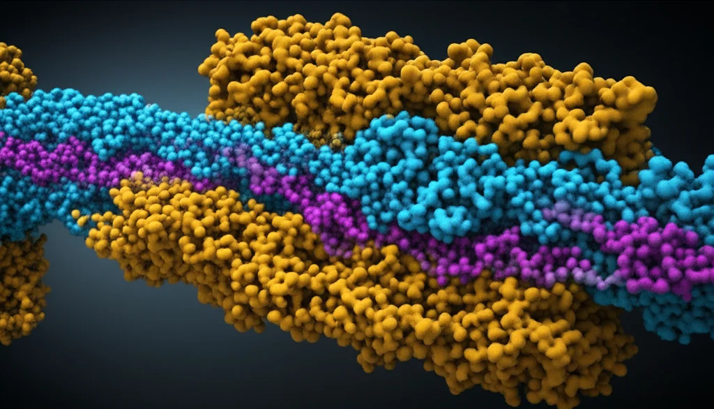 Rendering 3D fotorealistico ad alta risoluzione che mostra la proteina β-catenina (gialla) che interagisce indirettamente con un filamento di mRNA (blu) tramite una proteina RBP come MSI2 (viola) all'interno del citoplasma di una cellula leucemica mieloide; dettagli molecolari precisi, illuminazione drammatica stile 'film noir' con contrasti netti, obiettivo virtuale 35mm per un contesto cellulare.