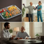 Un collage di immagini che simboleggia un approccio olistico alla prevenzione delle cadute negli anziani: in alto a sinistra, un pasto sano e bilanciato su un vassoio; in alto a destra, una terapista occupazionale che aiuta con dolcezza un anziano a fare esercizi di equilibrio in un ambiente domestico sicuro; in basso, un dietista sorridente che discute un piano alimentare con un paziente anziano. Prime lens, 50mm, depth of field, con una luce calda e accogliente che unisce le scene, trasmettendo cura e professionalità.