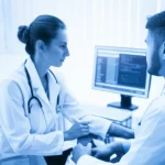 Un medico specialista in nefrologia esamina con attenzione i risultati di laboratorio di un paziente in emodialisi, visualizzati su un monitor ad alta definizione in uno studio medico moderno. Prime lens, 35mm, depth of field, luce naturale soffusa, colori bianco e azzurro duotone.