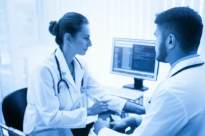 Un medico specialista in nefrologia esamina con attenzione i risultati di laboratorio di un paziente in emodialisi, visualizzati su un monitor ad alta definizione in uno studio medico moderno. Prime lens, 35mm, depth of field, luce naturale soffusa, colori bianco e azzurro duotone.