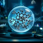 Un ricercatore in un laboratorio futuristico osserva un ologramma tridimensionale di una molecola di materiale energetico, con grafici di entalpia di formazione che fluttuano intorno. Prime lens, 35mm, depth of field, illuminazione cinematografica con toni blu e ambra.