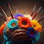 Una composizione artistica che simboleggia la connessione tra cultura e benessere: un cervello stilizzato da cui sbocciano fiori colorati, note musicali e pennelli da pittura, illuminazione da studio controllata, obiettivo macro 90mm per dettagli nitidi, su sfondo neutro per enfatizzare il soggetto, con colori vivaci e armoniosi.