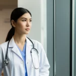 Un'infermiera sudcoreana in un ambiente ospedaliero moderno, che guarda fuori da una finestra con un'espressione pensierosa, simboleggiando il benessere e lo stress lavorativo. Luce naturale soffusa, obiettivo da 35mm, profondità di campo per enfatizzare l'infermiera.