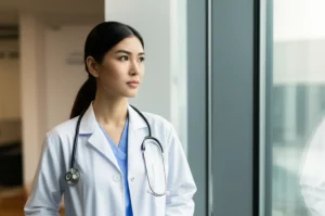 Un'infermiera sudcoreana in un ambiente ospedaliero moderno, che guarda fuori da una finestra con un'espressione pensierosa, simboleggiando il benessere e lo stress lavorativo. Luce naturale soffusa, obiettivo da 35mm, profondità di campo per enfatizzare l'infermiera.