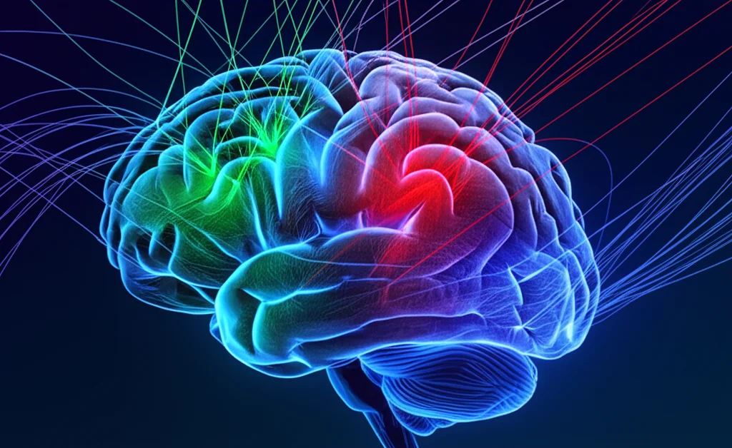 Visualizzazione artistica e fotorealistica delle reti neurali del cervello, come la Salience Network, Central Executive Network e Default Mode Network, che interagiscono. Colori vibranti su sfondo scuro, obiettivo da 24mm per un effetto grandangolare, con focus nitido sulle connessioni, simboleggiando la complessità dell'autocontrollo e delle decisioni.