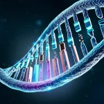 Visualizzazione artistica e fotorealistica di elementi genetici Alu che 'saltano' all'interno di una rappresentazione stilizzata del genoma umano, con dettagli brillanti che evidenziano l'attività di trasposizione, lente macro 90mm, illuminazione drammatica per enfatizzare il movimento.