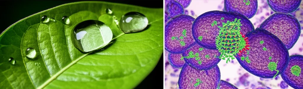 Fotografia macro di una foglia della pianta Bousigonia mekongensis con gocce di rugiada, illuminazione controllata per evidenziare i dettagli, accanto a una visualizzazione stilizzata di cellule tumorali della vescica che vengono attaccate da molecole di Bousigonina D, obiettivo macro 60mm, high detail.