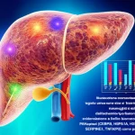 Illustrazione concettuale di un fegato umano sano che si trasforma in uno danneggiato dall'ischemia-riperfusione (HIRI), con evidenziazione a livello molecolare dei 6 biomarcatori della PANoptosi (CEBPB, HSPA1A, HSPA1B, IRF1, SERPINE1, TNFAIP3) come punti luminosi. Sullo sfondo, grafici stilizzati rappresentano il nomogramma predittivo. Stile fotorealistico, obiettivo prime 50mm, profondità di campo, illuminazione drammatica che evidenzia il danno.