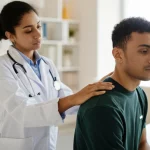 Immagine fotorealistica, lente primaria, 24 mm, raffigurante un operatore sanitario compassionevole (rappresentazione diversificata, ad esempio donna di colore) mettendo delicatamente una mano sulla spalla di un paziente (ad es. Uomo latino) in una stanza clinica calda e invitante. Illuminazione morbida e naturale, profondità di campo, trasmissione di fiducia, dignità e supporto nella cura dell'HIV. La scena dovrebbe sentirsi piena di speranza e incentrata sull'uomo.