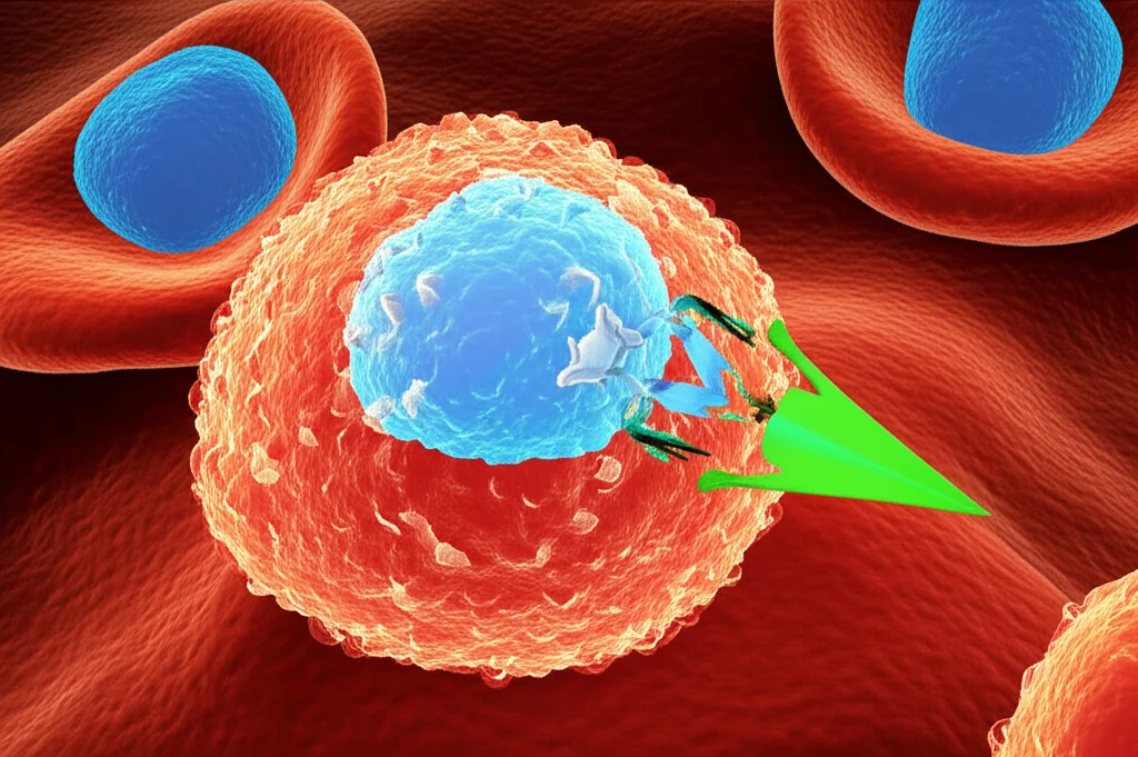 Photorealistic image of a stylized AML cell interacting with a macrophage, showing the 'don't eat me' signal (CD47 binding SIRPα) preventing phagocytosis, macro lens, 100mm, high detail, controlled lighting.