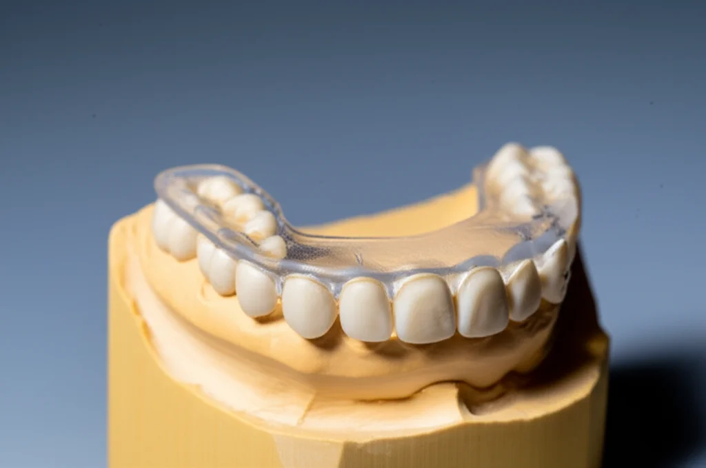 Primo piano di un wafer chirurgico intermedio traslucido, stampato in 3D, appoggiato su un modello dentale mascellare. Illuminazione da studio controllata che evidenzia i dettagli precisi del wafer. Obiettivo macro, 80mm, alta definizione, messa a fuoco precisa.