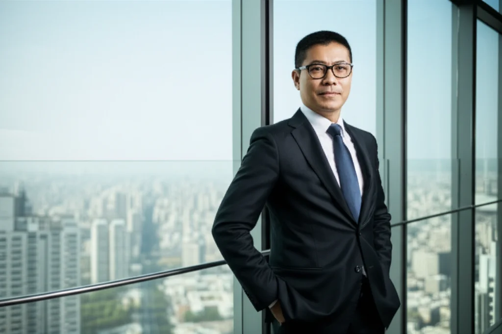 Ritratto fotografico professionale di un CEO asiatico, uomo di mezza età, in un ufficio direzionale moderno con vetrata panoramica sullo skyline di Shanghai. Indossa un abito scuro elegante, guarda verso l'obiettivo con espressione sicura. Obiettivo prime 50mm, profondità di campo ridotta per sfocare leggermente lo sfondo, luce naturale da finestra laterale.