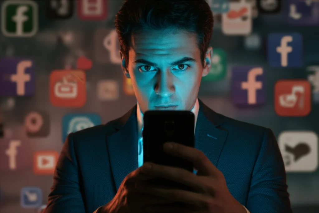 Un giovane uomo, illuminato dal basso dalla luce di uno smartphone che tiene in mano, con un'espressione intensa e controversa, quasi aggressiva. Lo sfondo è un mix astratto di icone social media sfocate. Fotografia ritratto, obiettivo 35mm, stile film noir con forti contrasti, leggero duotone blu e arancione.