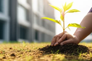 Una composizione simbolica: una mano pianta un giovane alberello in un terreno arido che inizia a rinverdire, con sullo sfondo un municipio stilizzato. Obiettivo macro 100mm, alta definizione, luce del primo mattino, simbolismo di speranza e azione locale per il clima.