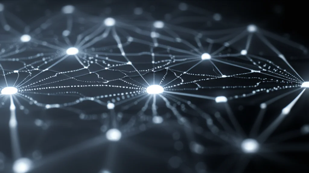 Un'immagine concettuale astratta che rappresenta la complessità e la soluzione di giochi gerarchici stocastici. Mostra nodi interconnessi a più livelli con flussi di dati incerti (linee ondulate o sfocate) che convergono verso un punto di equilibrio stabile e chiaro. Utilizzare un obiettivo prime da 50mm con profondità di campo per mettere a fuoco il punto di equilibrio, mentre gli strati precedenti rimangono leggermente sfocati. Illuminazione drammatica, quasi da film noir, con toni blu e grigi duotone per accentuare la serietà e l'innovazione.