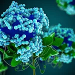 Composizione fotorealistica che mostra una pianta medicinale stilizzata da cui emerge una molecola fitocostituente (Ranmogenin A o Tokorogenin) che si lega a una rappresentazione 3D della proteina USP21, simboleggiando l'inibizione. Sfondo astratto legato alla ricerca sul cancro con elementi digitali. Obiettivo macro 85mm, alta definizione, illuminazione drammatica da studio, profondità di campo.