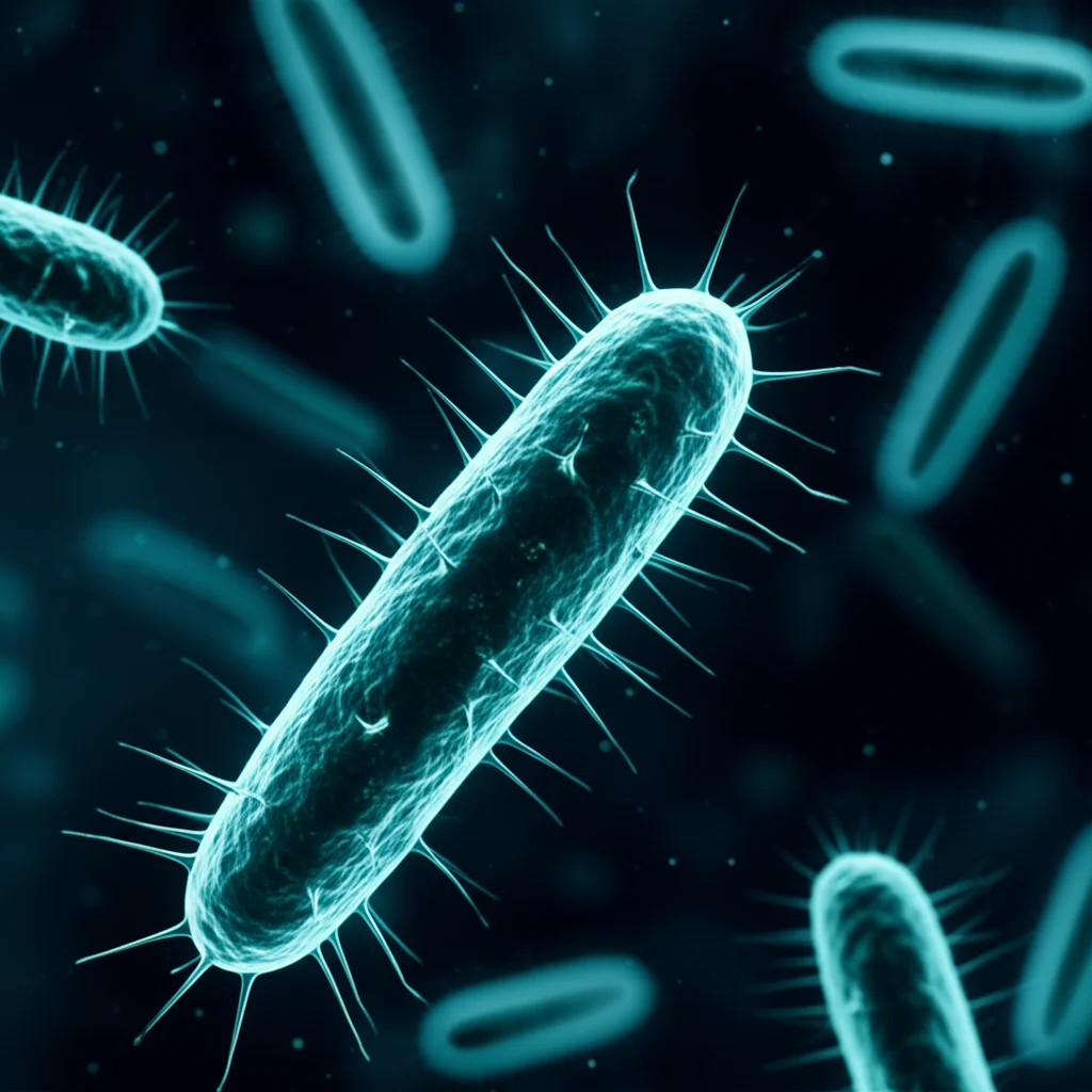 Fotografia macro, 90mm, di un batterio marino stilizzato *Pseudooceanicola antarcticus* che 'mangia' un frammento di bioplastica PHA su un fondale marino simulato, alta definizione, illuminazione controllata, focus preciso sul processo di biodegradazione marina.