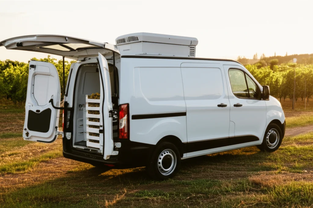 Fotografia realistica di un furgone elettrico bianco parcheggiato in un campo agricolo al tramonto, con pannelli solari sul tetto e un'unità di micro-refrigerazione visibile nel vano di carico aperto, contenente cassette di uva fresca. Stile: landscape wide angle 15mm, luce calda del tardo pomeriggio, sharp focus.