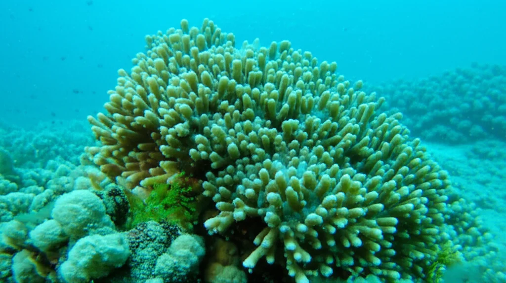 Fotografia subacquea vivida di un corallo mediterraneo, Cladocora caespitosa, che prospera in un ambiente con visibili bolle di CO2 provenienti da sorgenti vulcaniche sottomarine a Ischia. Obiettivo macro 60mm, alta definizione, contrasto tra i colori vivaci del corallo e l'acqua circostante, evidenziando la resilienza.