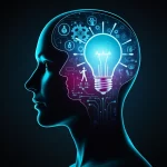 Immagine concettuale che mostra una silhouette di una testa umana con ingranaggi digitali luminosi e icone di attività fisica (un corridore) e motivazione (una lampadina accesa) che fluttuano intorno, simboleggiando la connessione tra tecnologia, attività e salute mentale. Prime lens, 35mm, depth of field, duotone ciano e magenta, sfondo scuro per far risaltare gli elementi luminosi.