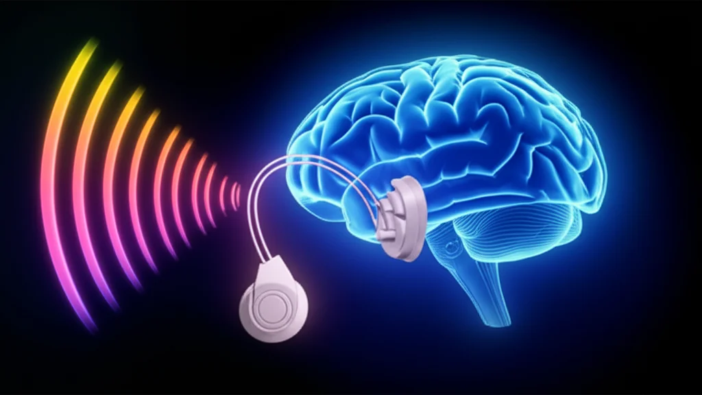 Immagine concettuale di un impianto cocleare con onde sonore stilizzate che si trasformano in segnali elettrici diretti verso una rappresentazione astratta del cervello e del sistema vestibolare. Colori vibranti su sfondo scuro, effetto 'glow' per i segnali elettrici, obiettivo 35mm, profondità di campo per mettere a fuoco l'impianto.