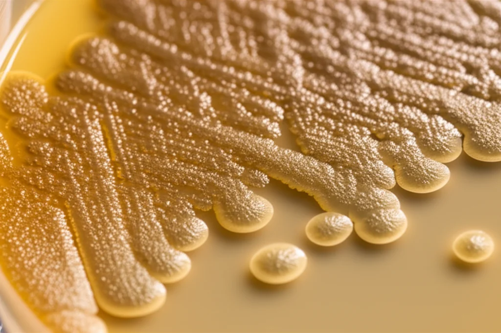 Macro lens, 60-105mm, high detail, precise focusing, controlled lighting. Un'immagine ravvicinata e altamente dettagliata di colonie batteriche di Thomasclavelia ramosa in una piastra di Petri, con uno sfondo sfocato che suggerisce una struttura di cellule epatiche o molecole di alcol, a simboleggiare il legame tra il batterio e il cancro al fegato alcol-correlato.