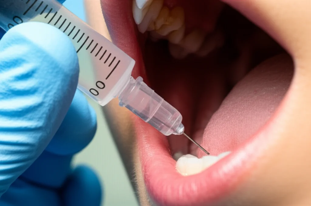 Primo piano di un dentista che applica un gel contenente nanoparticelle di melatonina in una tasca parodontale usando una siringa con punta smussa. Obiettivo macro 80mm, focus preciso sulla punta della siringa e sul tessuto gengivale, illuminazione clinica controllata, alta definizione.