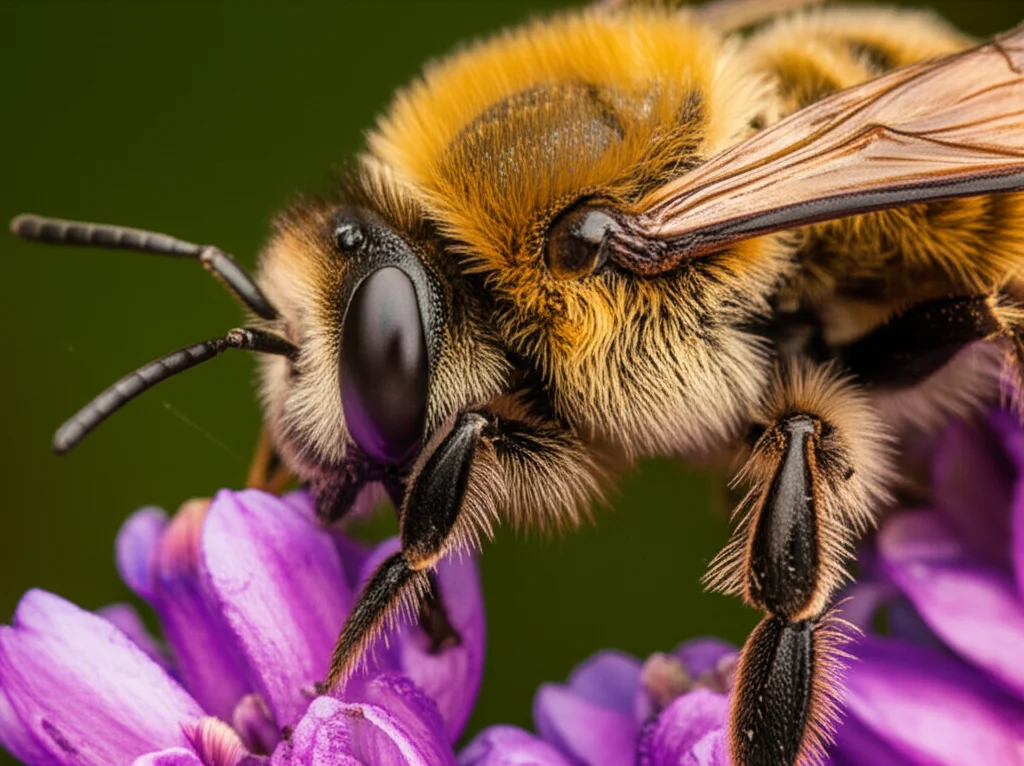 Primo piano macro di un'ape africanizzata messicana posata su un fiore dai colori vivaci in una foresta pluviale, con dettagli estremi sulle venature delle ali e sulla peluria del corpo. Obiettivo macro 105mm, illuminazione controllata e precisa per massima nitidezza, sfondo leggermente sfocato per enfatizzare il soggetto.