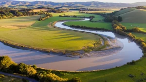 Veduta aerea di un fiume serpeggiante attraverso un paesaggio agricolo misto e aree boschive in Nuova Zelanda, l'acqua appare leggermente torbida suggerendo trasporto di sedimenti durante un evento di piena moderata. Fotografia paesaggistica, obiettivo grandangolare 24mm, luce naturale del tardo pomeriggio, messa a fuoco nitida su tutto il paesaggio, colori vividi.