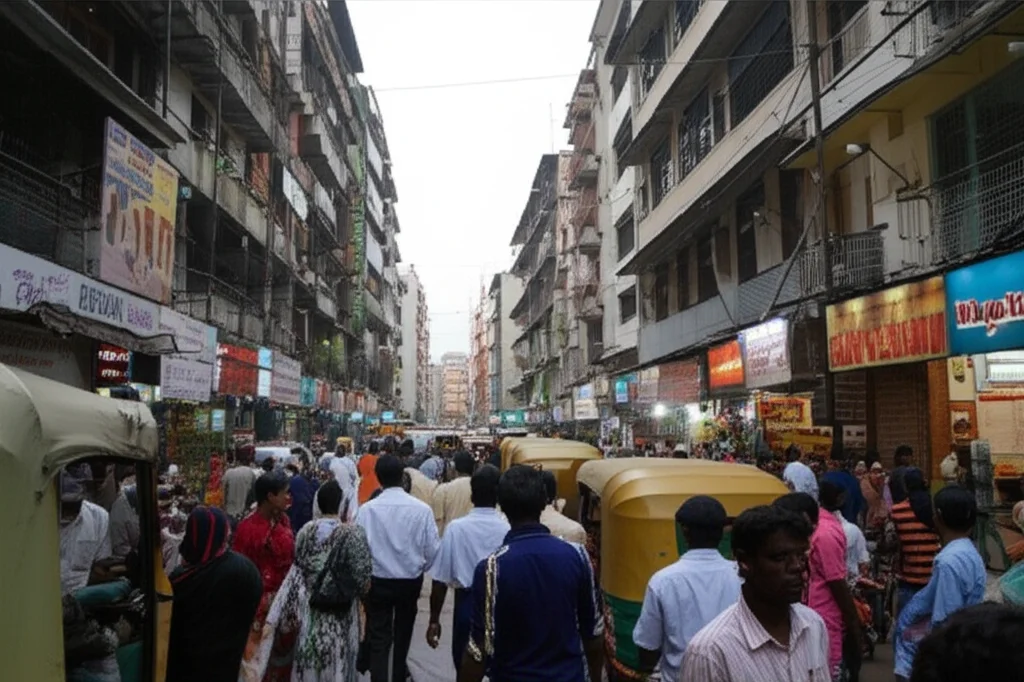 Veduta grandangolare di una caotica ma vibrante strada di una megacropoli indiana, sovraffollata di persone, veicoli e negozi. Obiettivo grandangolare 15mm, lunga esposizione per sfumare leggermente il movimento, colori saturi, focus nitido sugli elementi architettonici e umani.