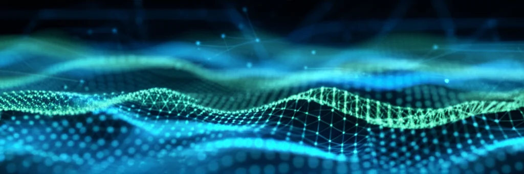 Visualizzazione astratta di livelli d'acqua sotterranea fluttuanti rappresentati da onde luminose blu e verdi che si intersecano con una rete neurale stilizzata, fotografia concettuale, prime lens 35mm, profondità di campo, duotone blu e verde acqua, simboleggiando l'unione di idrologia e intelligenza artificiale.