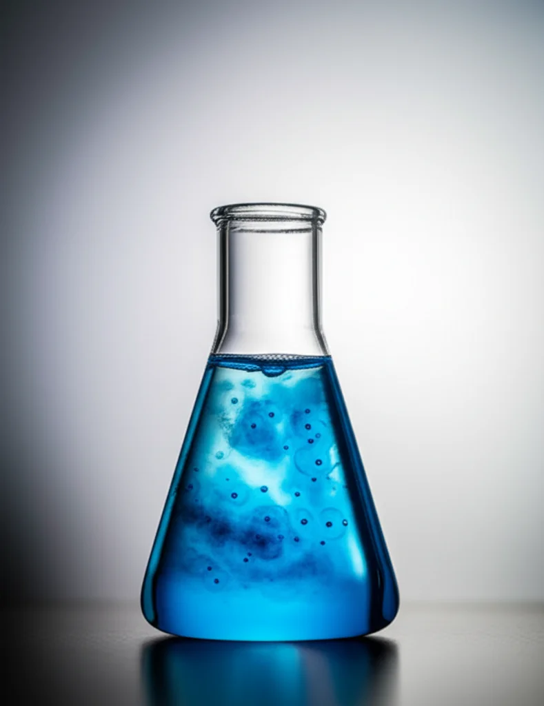 Visualizzazione fotorealistica di un sistema acquoso bifasico in un becher da laboratorio, con una fase inferiore blu brillante contenente C-ficocianina purificata e una fase superiore più chiara. Macro lens, 100mm, alta definizione, illuminazione da studio per evidenziare la separazione netta e i colori vibranti.