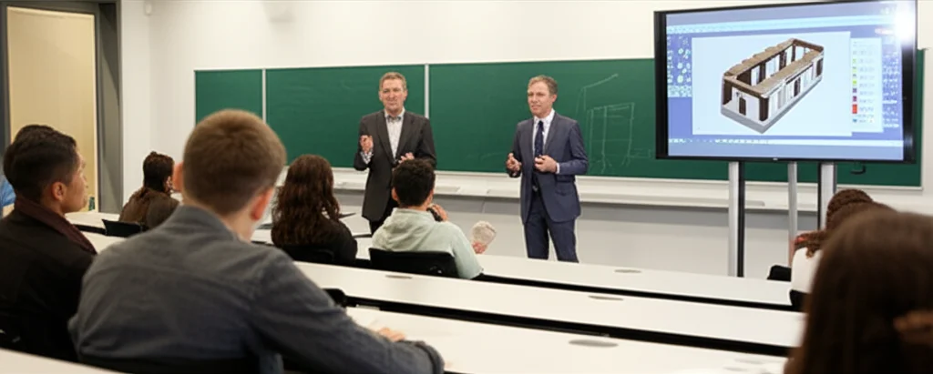 Aula universitaria moderna e luminosa con studenti divisi tra presenti fisicamente che interagiscono con un docente carismatico vicino a una lavagna interattiva e altri studenti collegati su grandi schermi murali, focus sullo schermo che mostra un modello ingegneristico 3D complesso, obiettivo 35mm, profondità di campo media per includere sia il docente che gli studenti, luce naturale brillante.