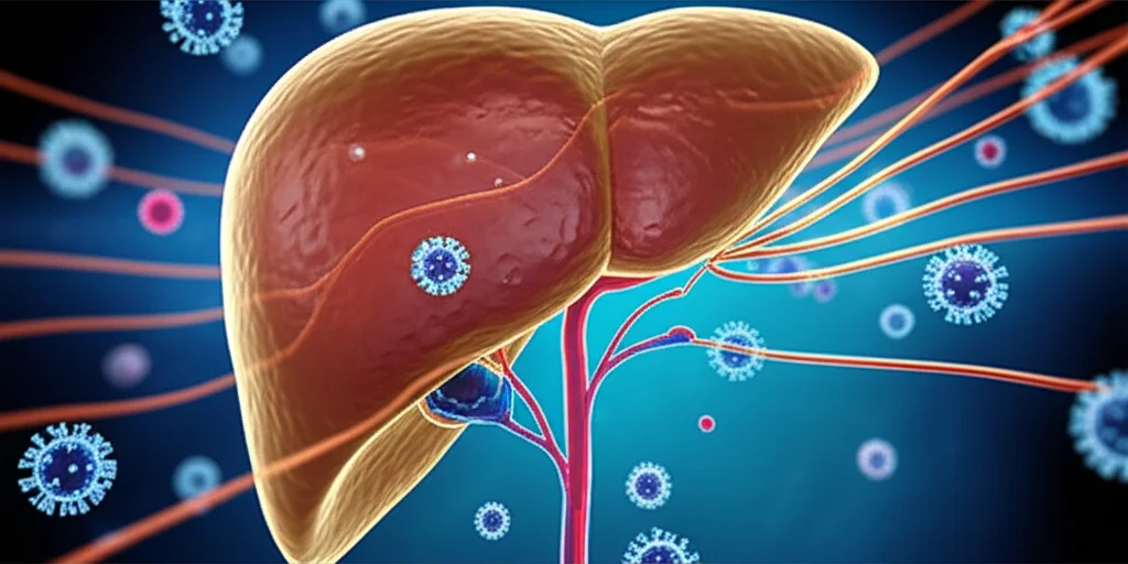 Conceptual image of a human liver with interconnected protein strands and viral particles, representing the complex interplay of CHB and NAFLD. Prime lens, 35mm, depth of field, with subtle blue and orange duotones to highlight diseased vs. healthy areas.