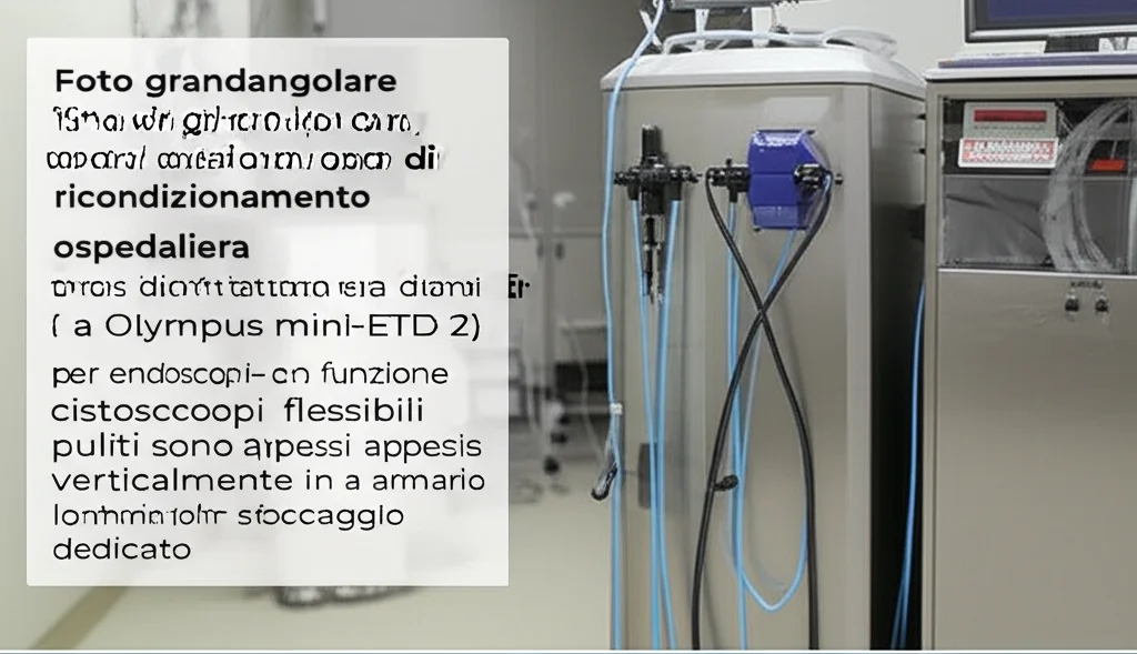 Foto grandangolare, obiettivo 15mm, di una moderna sala di ricondizionamento ospedaliera che mostra una lava-disinfettatrice automatica per endoscopi (simile a Olympus mini-ETD 2) in funzione; accanto, cistoscopi flessibili puliti sono appesi verticalmente in un armadio di stoccaggio dedicato; ambiente luminoso e sterile, messa a fuoco nitida su tutta la scena.